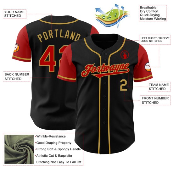 Goud Jersey Zwart Rood-Oude Baseball Tone Custom Twee Authentieke
