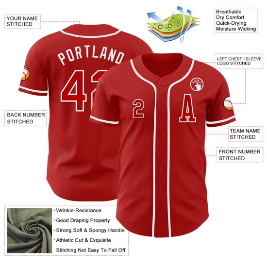 Wit honkbalshirt op maat, authentiek rood Wit honkbalshirt op maat, authentiek rood
