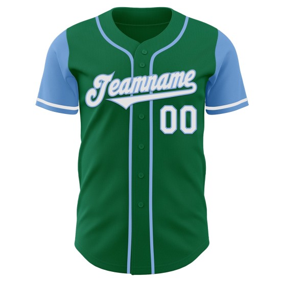 Wit-licht authentiek shirt met twee Kelly Green aangepaste honkbalblauwe tinten Wit-licht authentiek shirt met twee Kelly Green aangepaste honkbalblauwe tinten