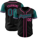 Twee op maat gemaakte authentieke honkbalshirts in zwart-blauwgroen-roze Twee op maat gemaakte authentieke honkbalshirts in zwart-blauwgroen-roze