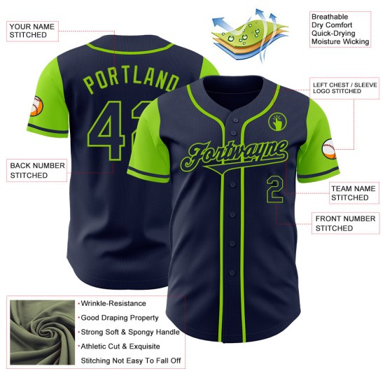 Marineblauw Neon Baseball Authentic Two Tone Groen Jersey Aangepast Marineblauw Neon Baseball Authentic Two Tone Groen Jersey Aangepast