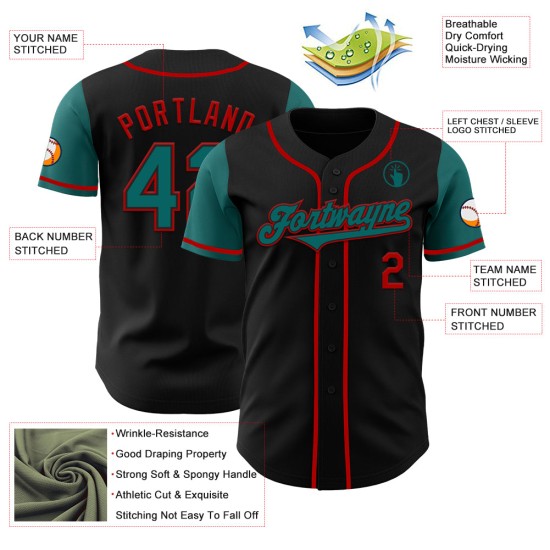 Jersey Authentic Custom Tone Two Teal-Red Baseball Black Jersey Authentic Custom Tone Two Teal-Red Baseball Black