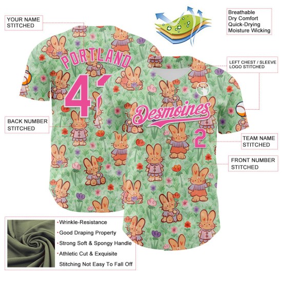 Honkbal Groen Roze-Wit Authentiek Jersey Aangepaste Lente Emi Bee 3D Konijntjes Honkbal Groen Roze-Wit Authentiek Jersey Aangepaste Lente Emi Bee 3D Konijntjes