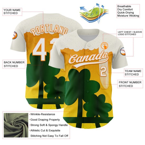 Oranje-Groen Bier 3D Shamrock Wit Baseball Jersey Bay Patrick's Authentic Day Custom St. Oranje-Groen Bier 3D Shamrock Wit Baseball Jersey Bay Patrick's Authentic Day Custom St.