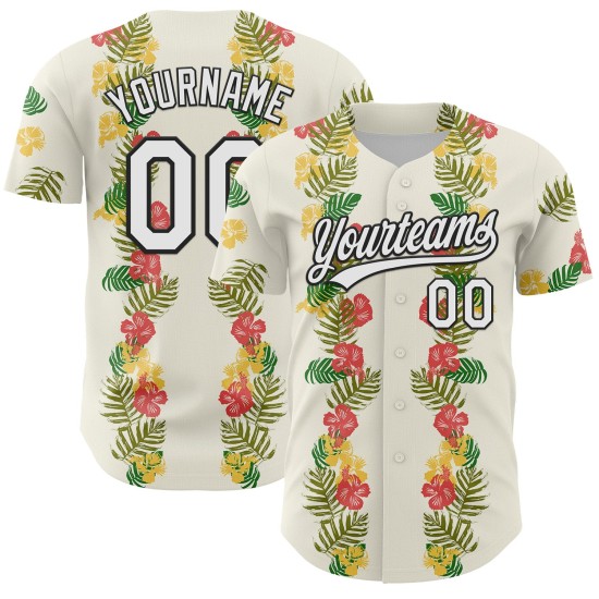 Witte Jersey Bladeren 3D Tropisch Zwart En Aangepaste Bloem Hawaii Honkbal Authentiek Witte Jersey Bladeren 3D Tropisch Zwart En Aangepaste Bloem Hawaii Honkbal Authentiek