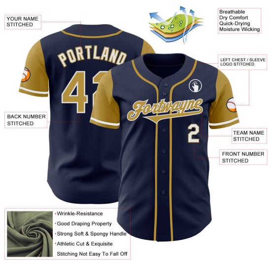 Marineblauwe Jersey Tone Authentic Two Baseball Custom Oud Goud-Wit Marineblauwe Jersey Tone Authentic Two Baseball Custom Oud Goud-Wit