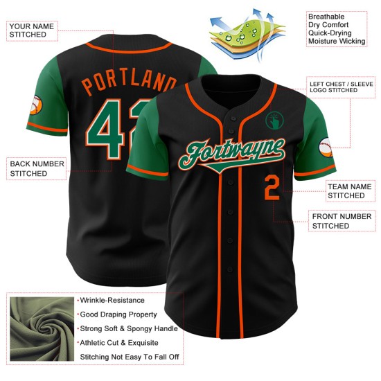 Authentiek zwart groen-oranje twee honkbal aangepaste toon Kelly-shirt Authentiek zwart groen-oranje twee honkbal aangepaste toon Kelly-shirt