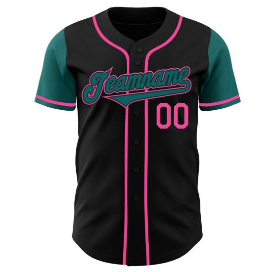 Twee op maat gemaakte authentieke honkbalshirts in zwart-blauwgroen-roze Twee op maat gemaakte authentieke honkbalshirts in zwart-blauwgroen-roze