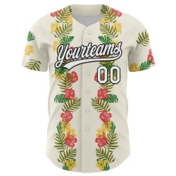 Witte Jersey Bladeren 3D Tropisch Zwart En Aangepaste Bloem Hawaii Honkbal Authentiek Witte Jersey Bladeren 3D Tropisch Zwart En Aangepaste Bloem Hawaii Honkbal Authentiek