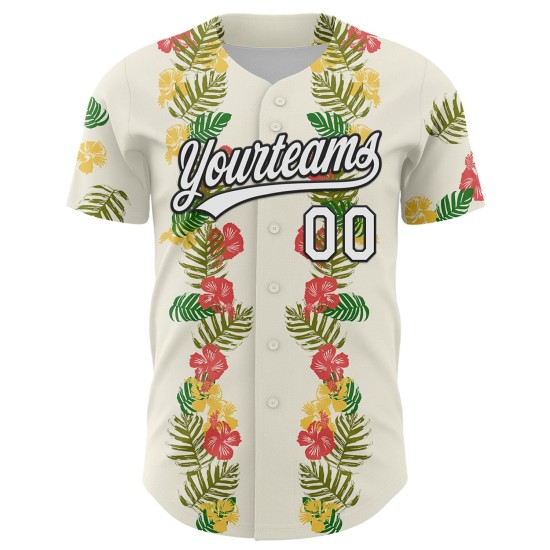 Witte Jersey Bladeren 3D Tropisch Zwart En Aangepaste Bloem Hawaii Honkbal Authentiek Witte Jersey Bladeren 3D Tropisch Zwart En Aangepaste Bloem Hawaii Honkbal Authentiek