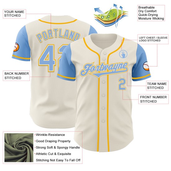 Witgouden Custom Two Authentieke Blauwe Crème Jersey Lichte Toon Baseball Witgouden Custom Two Authentieke Blauwe Crème Jersey Lichte Toon Baseball