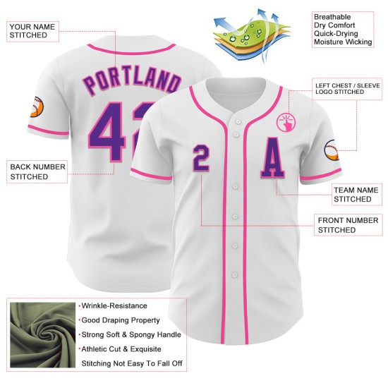 Paars-roze shirt, authentiek wit honkbalshirt op maat Paars-roze shirt, authentiek wit honkbalshirt op maat