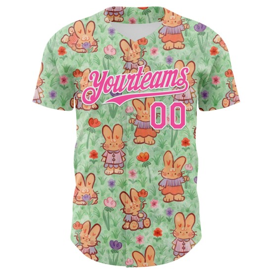 Honkbal Groen Roze-Wit Authentiek Jersey Aangepaste Lente Emi Bee 3D Konijntjes Honkbal Groen Roze-Wit Authentiek Jersey Aangepaste Lente Emi Bee 3D Konijntjes
