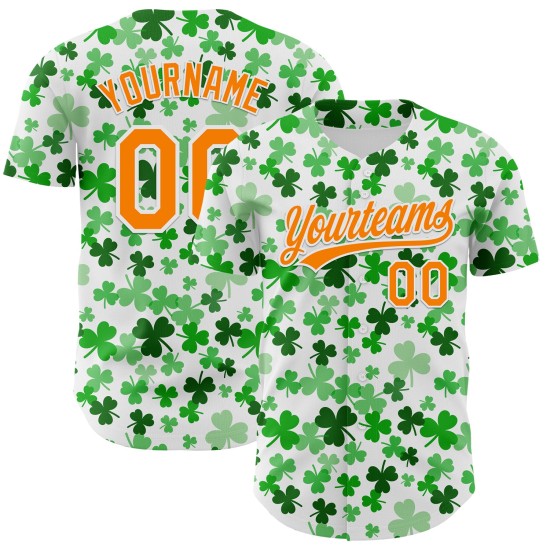 Dag 3D St. Shamrock Baseball Wit Jersey Patrick's Bay Authentieke Custom Oranje-Groen Dag 3D St. Shamrock Baseball Wit Jersey Patrick's Bay Authentieke Custom Oranje-Groen
