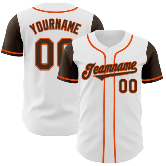 Aangepaste honkbalshirt in wit, authentiek bruin-oranje, twee kleuren Aangepaste honkbalshirt in wit, authentiek bruin-oranje, twee kleuren