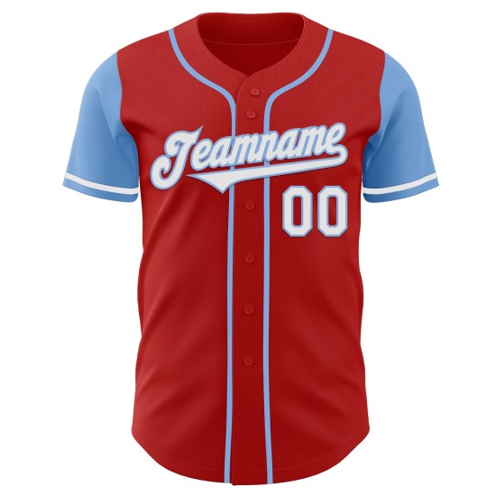 Op maat gemaakt tweekleurig honkbalshirt in blauw, rood, wit en licht, authentiek Op maat gemaakt tweekleurig honkbalshirt in blauw, rood, wit en licht, authentiek