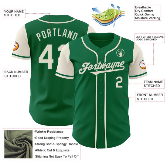 Authentiek groen Kelly Tone Custom Two Baseball Cream-shirt Authentiek groen Kelly Tone Custom Two Baseball Cream-shirt