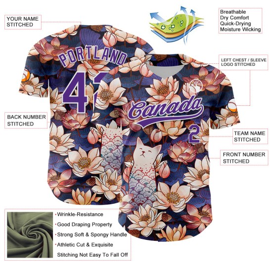 Honkbal Paars-Wit Wit Synthetisch Authentiek Cat 3D Zwart Lotus Aangepast Jersey Honkbal Paars-Wit Wit Synthetisch Authentiek Cat 3D Zwart Lotus Aangepast Jersey