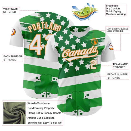 Oranje-Groen Bay Shamrock Jersey Wit Baseball Day Patrick's St. Aangepaste Authentieke 3D Oranje-Groen Bay Shamrock Jersey Wit Baseball Day Patrick's St. Aangepaste Authentieke 3D