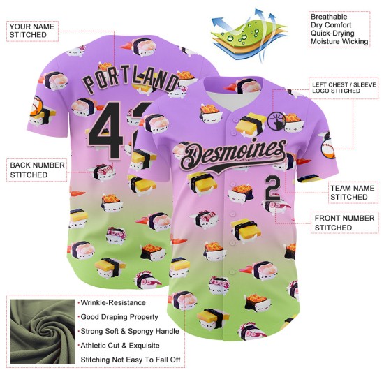 Aangepaste Suen Groen Paars Licht Katten Fade Roze-Neon Authentieke 3D Jersey Cindy Baseball Sushi Zwart Aangepaste Suen Groen Paars Licht Katten Fade Roze-Neon Authentieke 3D Jersey Cindy Baseball Sushi Zwart