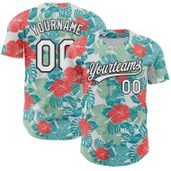 Authentieke Jungle Custom 3D Tropische Witte Bloemen Zwarte En Bladeren Hawaii Jersey Honkbal Authentieke Jungle Custom 3D Tropische Witte Bloemen Zwarte En Bladeren Hawaii Jersey Honkbal