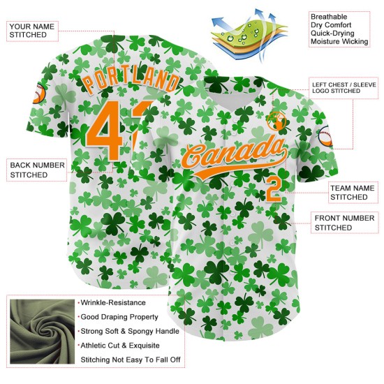 Dag 3D St. Shamrock Baseball Wit Jersey Patrick's Bay Authentieke Custom Oranje-Groen Dag 3D St. Shamrock Baseball Wit Jersey Patrick's Bay Authentieke Custom Oranje-Groen