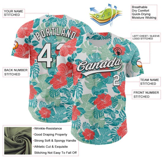 Authentieke Jungle Custom 3D Tropische Witte Bloemen Zwarte En Bladeren Hawaii Jersey Honkbal Authentieke Jungle Custom 3D Tropische Witte Bloemen Zwarte En Bladeren Hawaii Jersey Honkbal